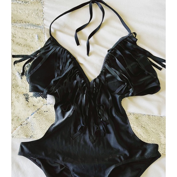 Fringe Black Monokini One Piece Bathing Suit L - Picture 2 of 3